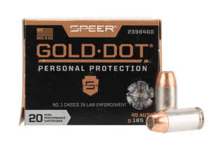 CCI Speer Gold Dot 45 ACP 185gr Jacketed Hollow Point Ammo are boxer primed and come in a brass case